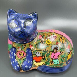 Hand Painted Mexican Red Ware Folk Art Pottery Laying Down Cat Figurine Decor